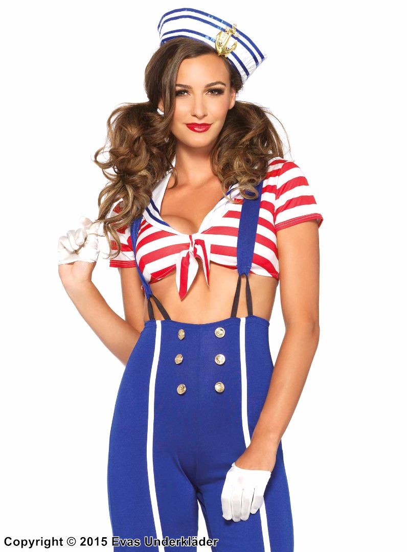 Female sailor, costume top and pants, buttons, suspenders, stripes